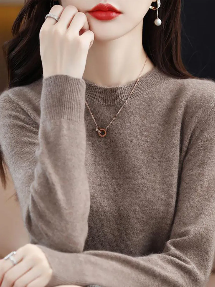 Women Autumn Casual Solid Wool O-Neck Knit Sweater