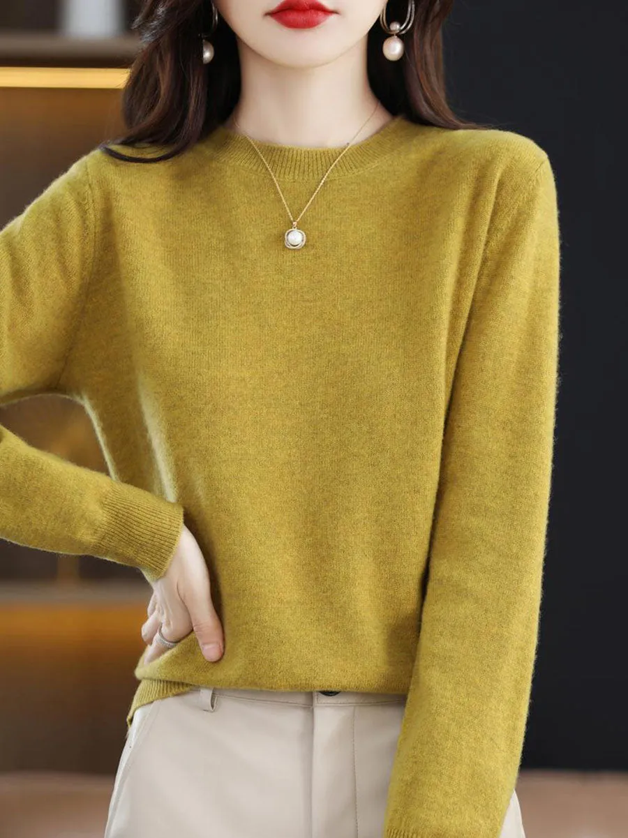 Women Autumn Casual Solid Wool O-Neck Knit Sweater