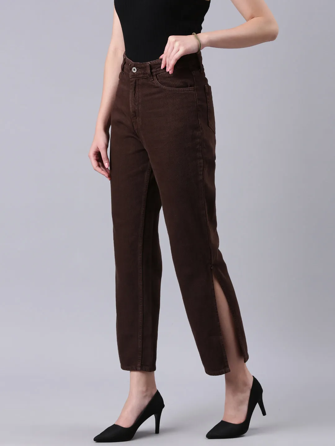 Women Brown Solid Wide Leg Denim Jeans