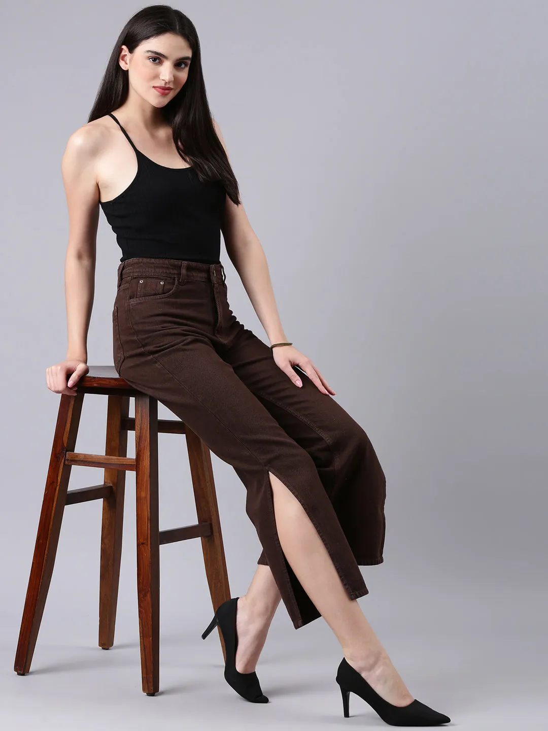 Women Brown Solid Wide Leg Denim Jeans