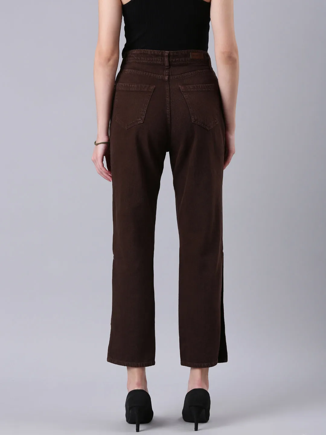 Women Brown Solid Wide Leg Denim Jeans