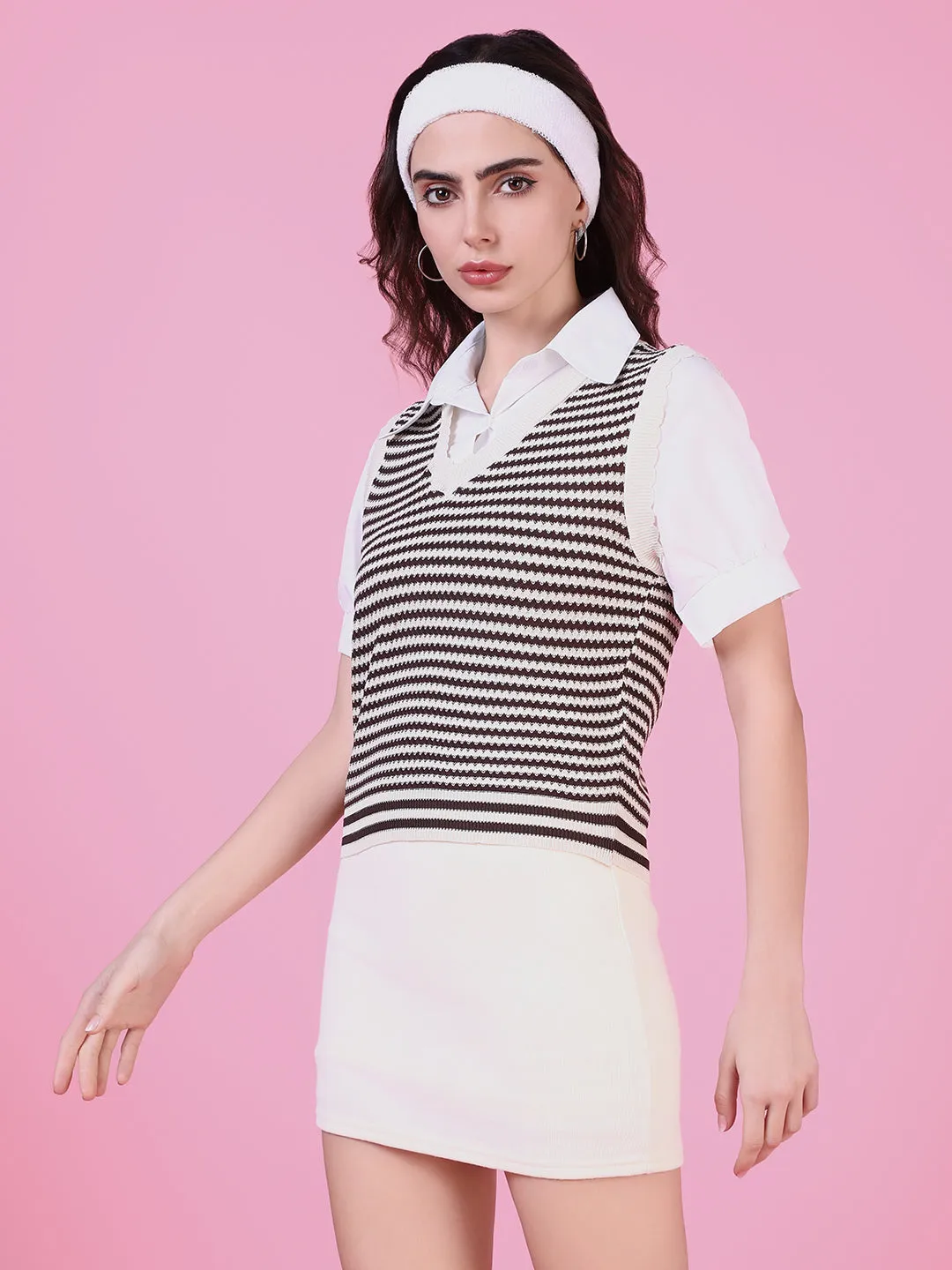 Women Brown Striped Shirt Style Top