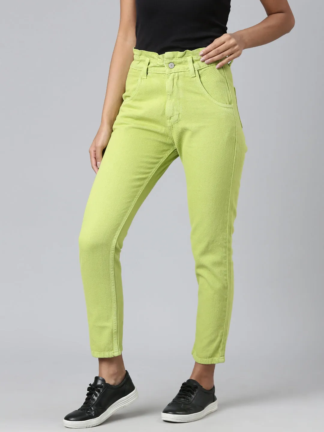 Women Lime Green Solid Mom Fit Denim Jeans