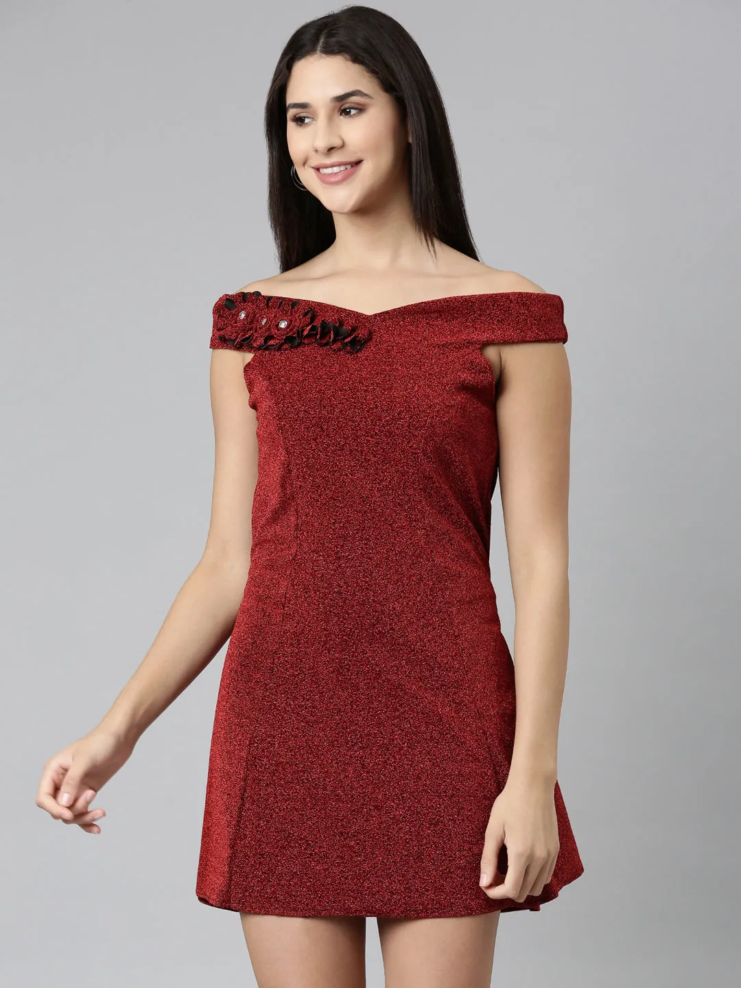 Women Maroon Embellished A-Line Dress
