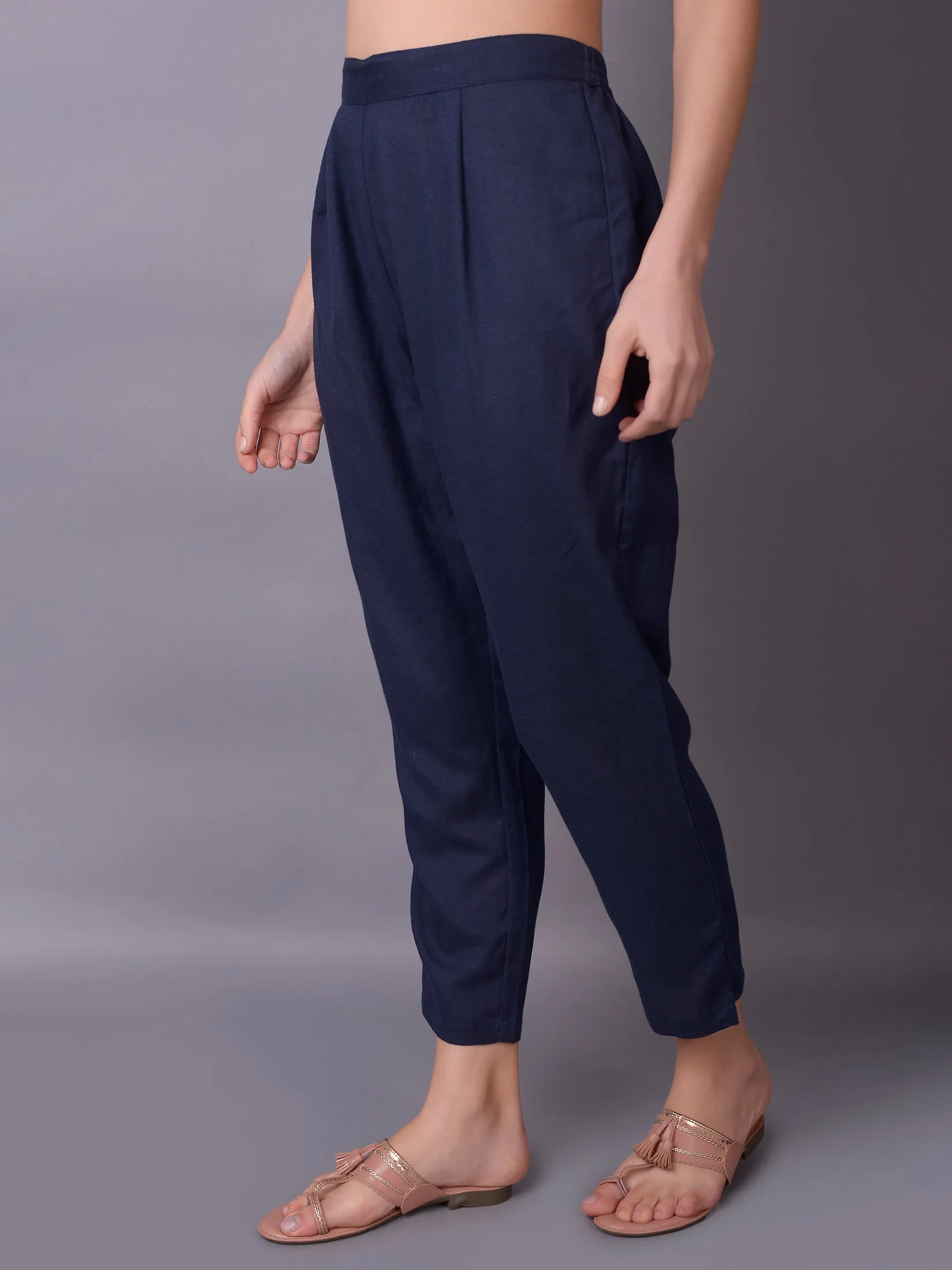 Women Navy Blue Plain Trouser
