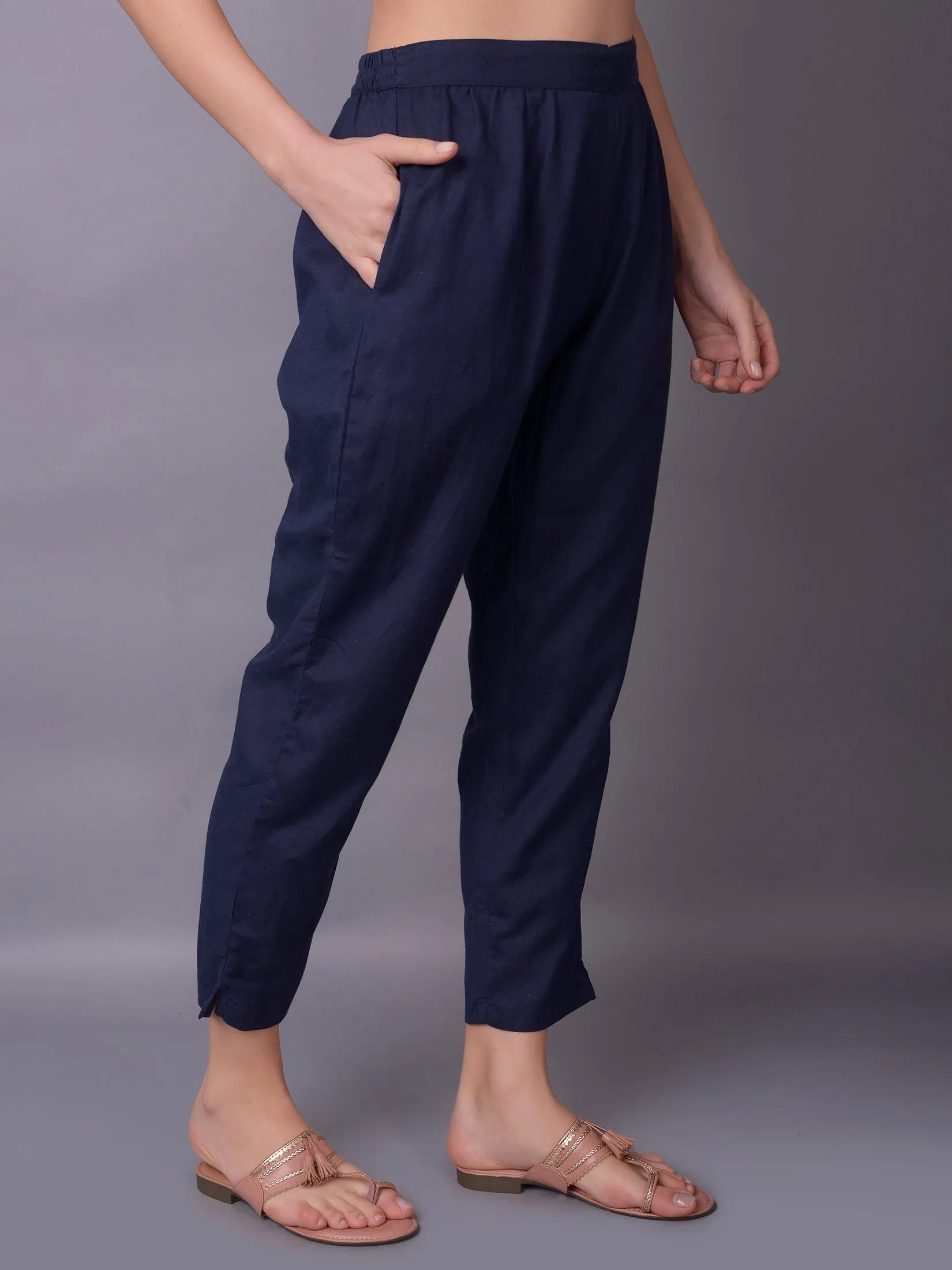 Women Navy Blue Plain Trouser
