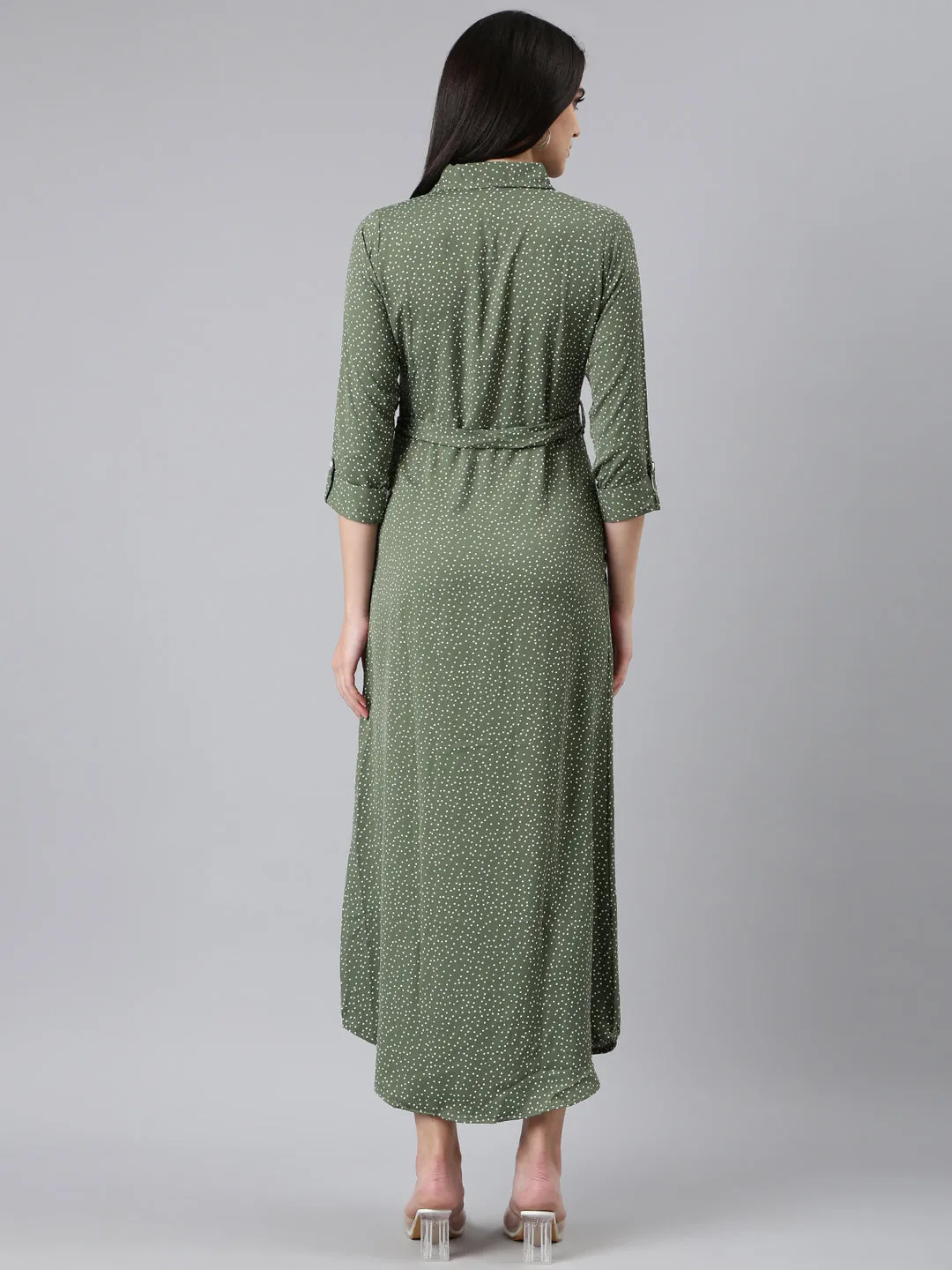 Women Olive Polka Dots Shirt Dress