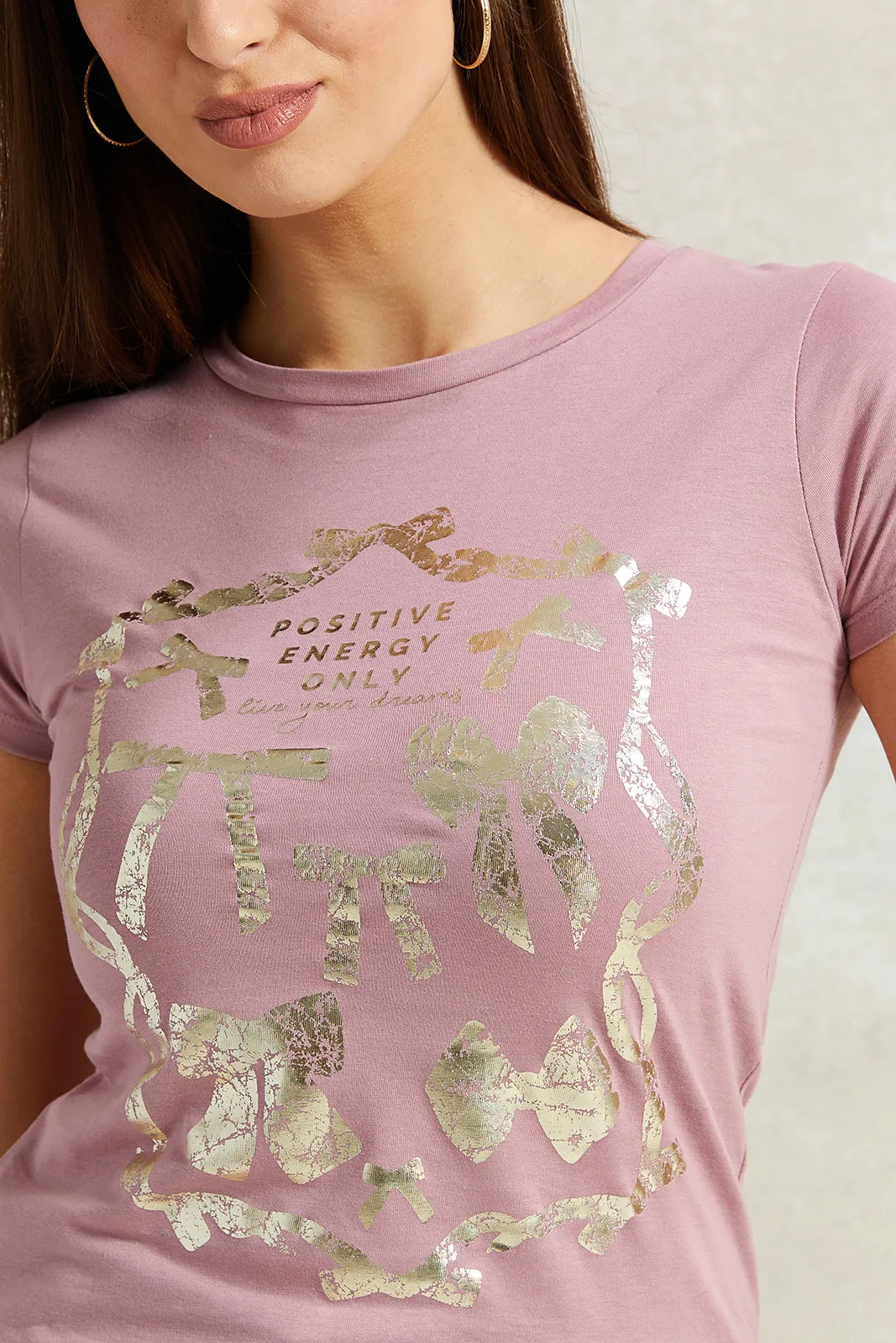 Women Pink Foil Print T-Shirt