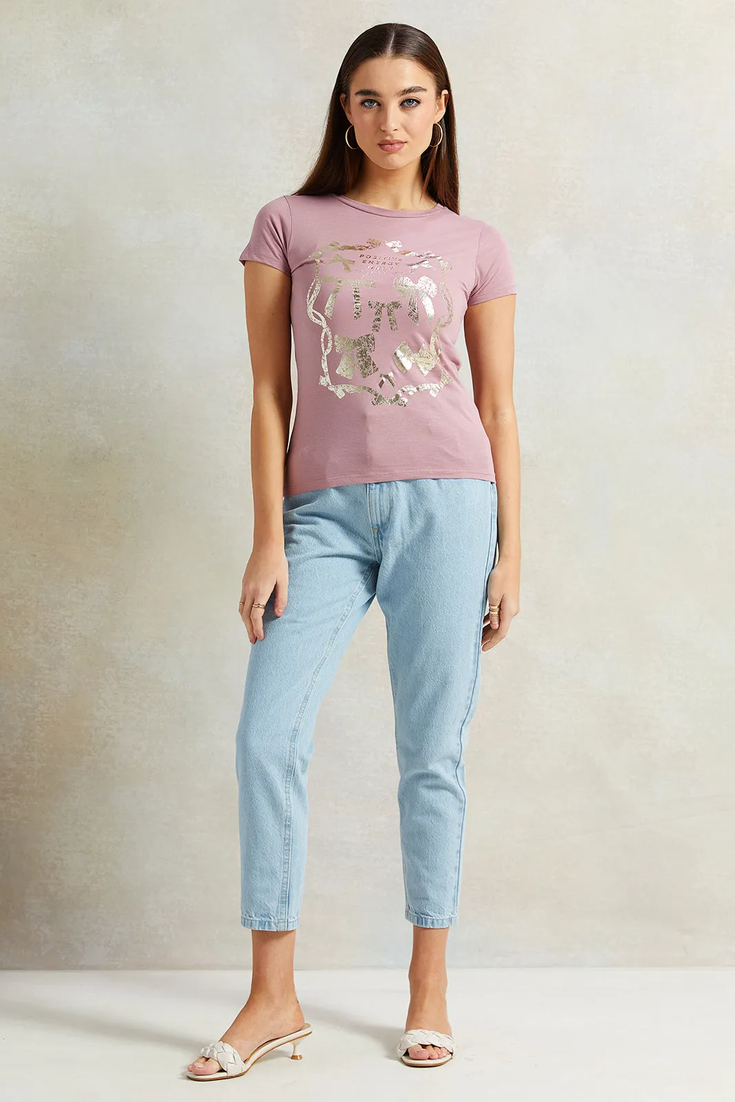Women Pink Foil Print T-Shirt
