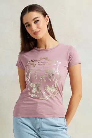 Women Pink Foil Print T-Shirt