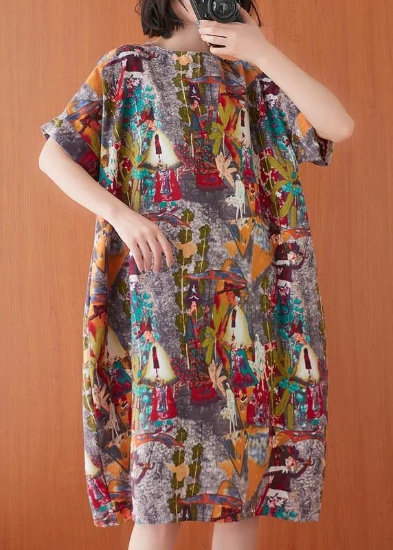 Women Print O-Neck Cotton Linen Party Dress Summer