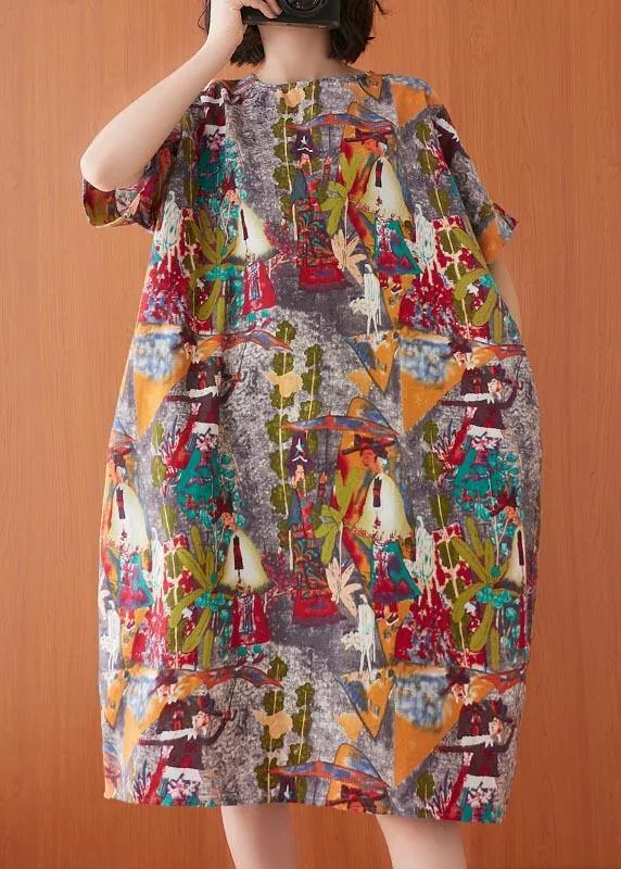 Women Print O-Neck Cotton Linen Party Dress Summer