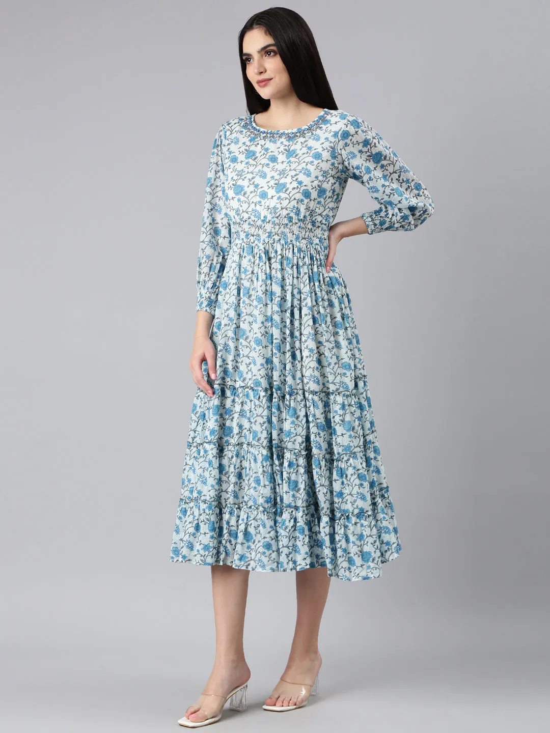 Women Printed A-Line White Dress