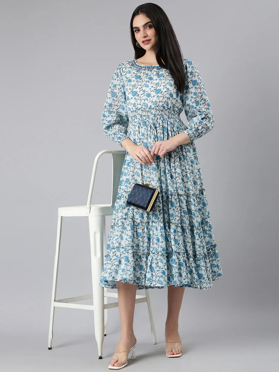 Women Printed A-Line White Dress