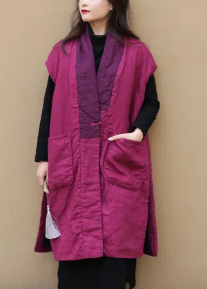 Women Red V Neck Warm Fleece Side Open Button Waistcoat Winter