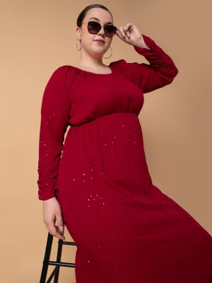 Women Solid Maroon Fit and Flare Midi Dress