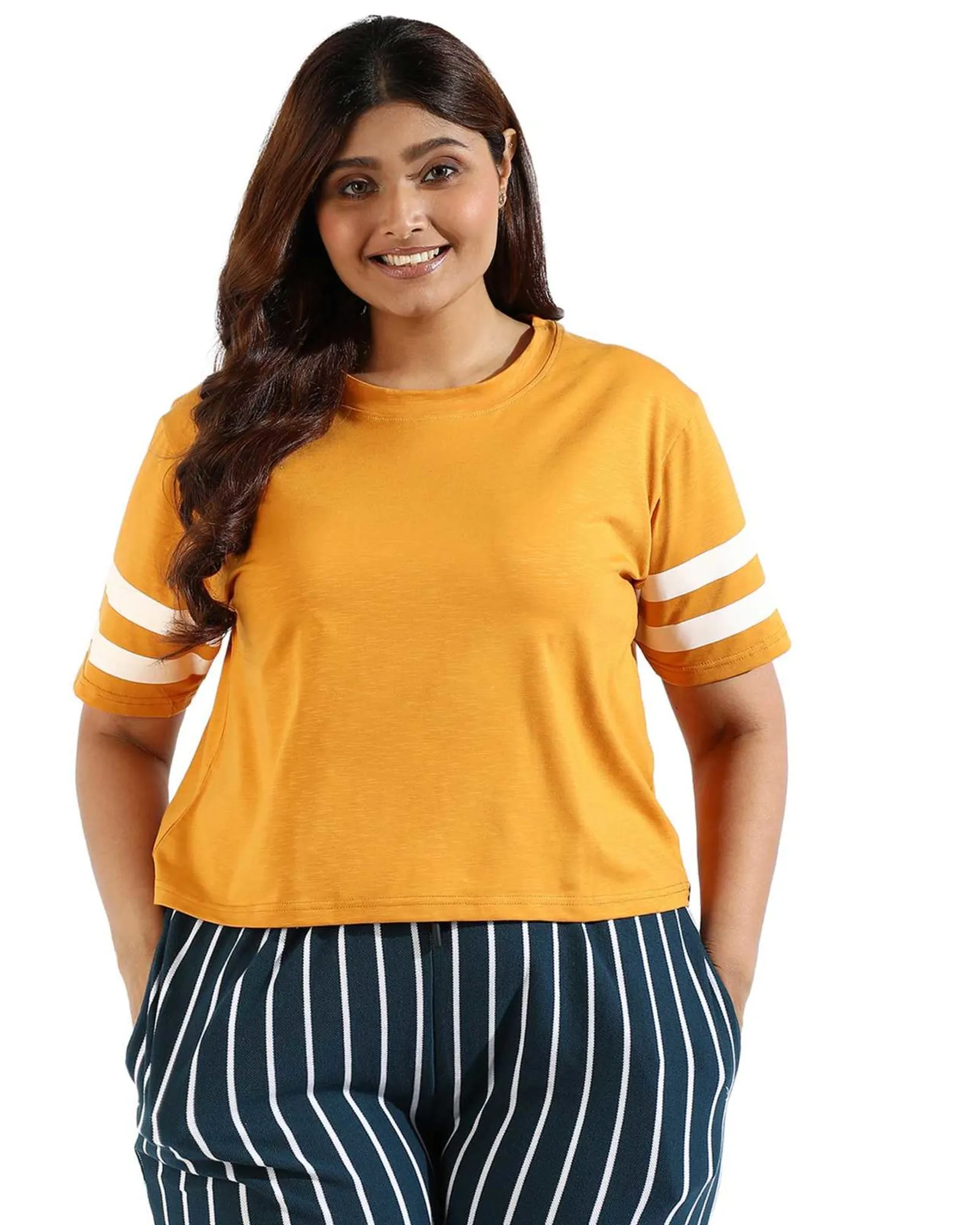 Women Solid Short Sleeve Round Neck Top | Mustard