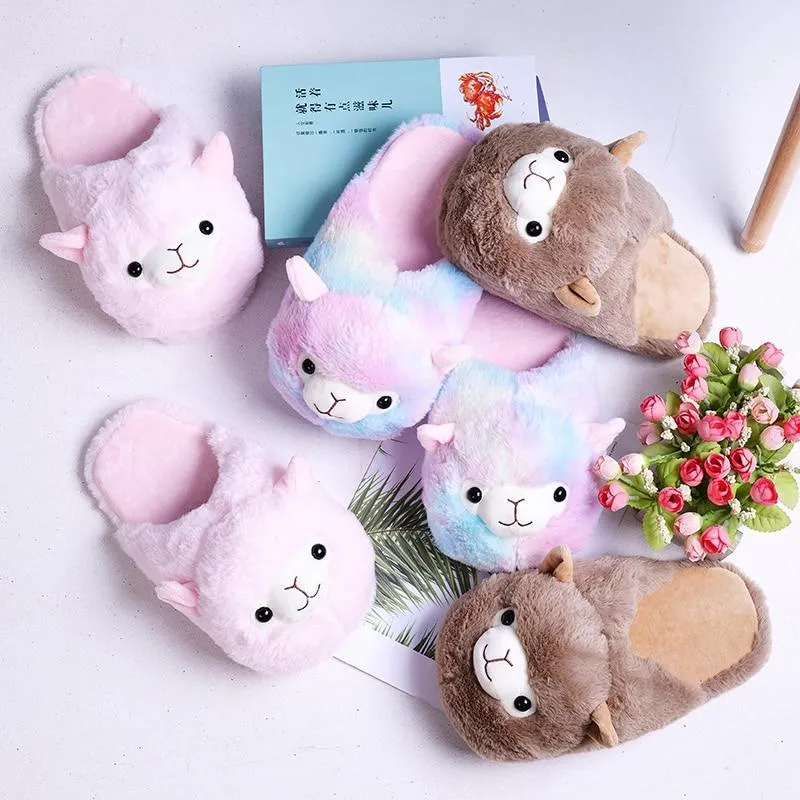 Women Winter Warm Alpaca Cartoon Fur Plush Slippers