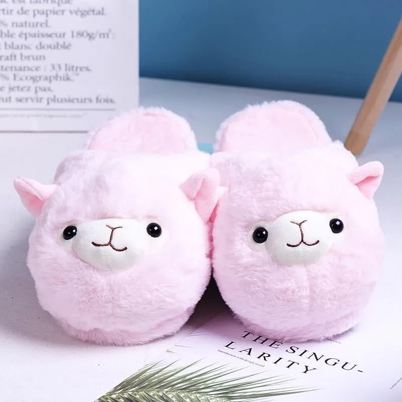 Women Winter Warm Alpaca Cartoon Fur Plush Slippers