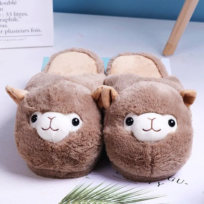 Women Winter Warm Alpaca Cartoon Fur Plush Slippers