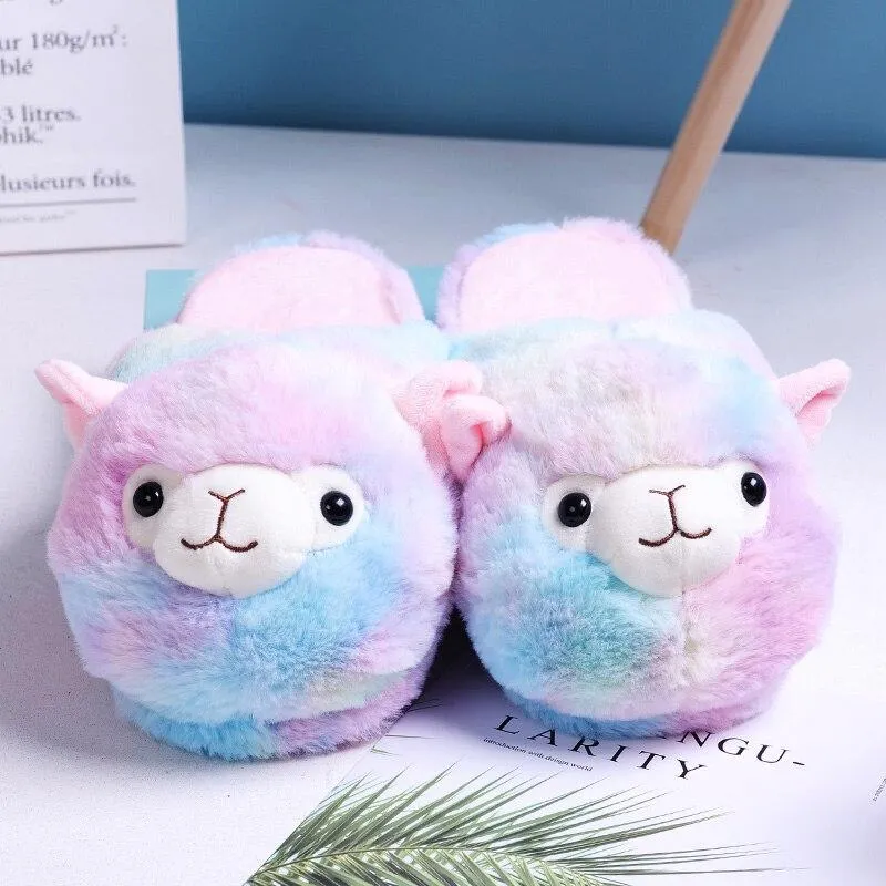 Women Winter Warm Alpaca Cartoon Fur Plush Slippers
