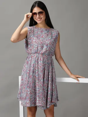 Women's Blue Aztec Fit and Flare Dress