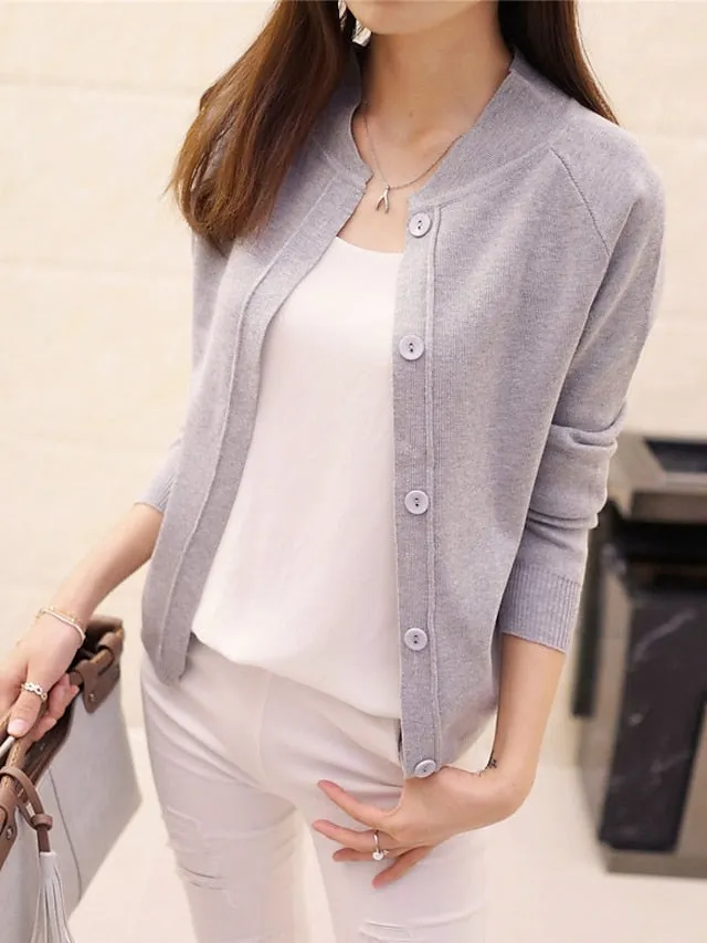 Women's Cardigan Knitted Button Pure Color Stylish Basic Casual Long Sleeve Regular Fit Sweater Cardigans Open Front Fall Spring Light Blue Creamy-white Green / Holiday / Going out