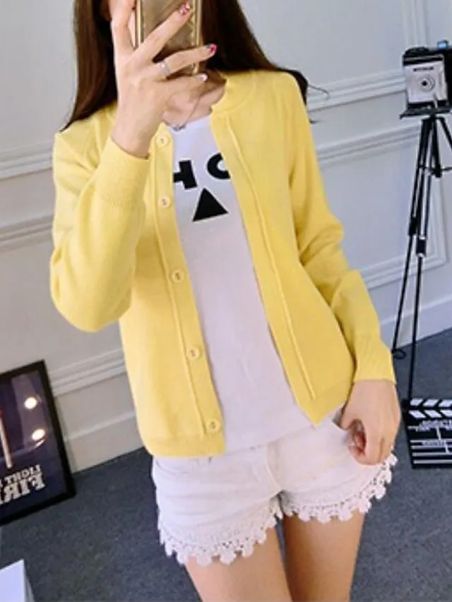 Women's Cardigan Knitted Button Pure Color Stylish Basic Casual Long Sleeve Regular Fit Sweater Cardigans Open Front Fall Spring Light Blue Creamy-white Green / Holiday / Going out