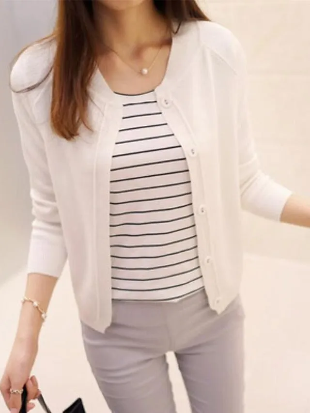 Women's Cardigan Knitted Button Pure Color Stylish Basic Casual Long Sleeve Regular Fit Sweater Cardigans Open Front Fall Spring Light Blue Creamy-white Green / Holiday / Going out