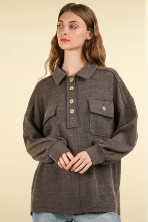 Women's Charcoal Collared Half Button Knit Top with Pockets