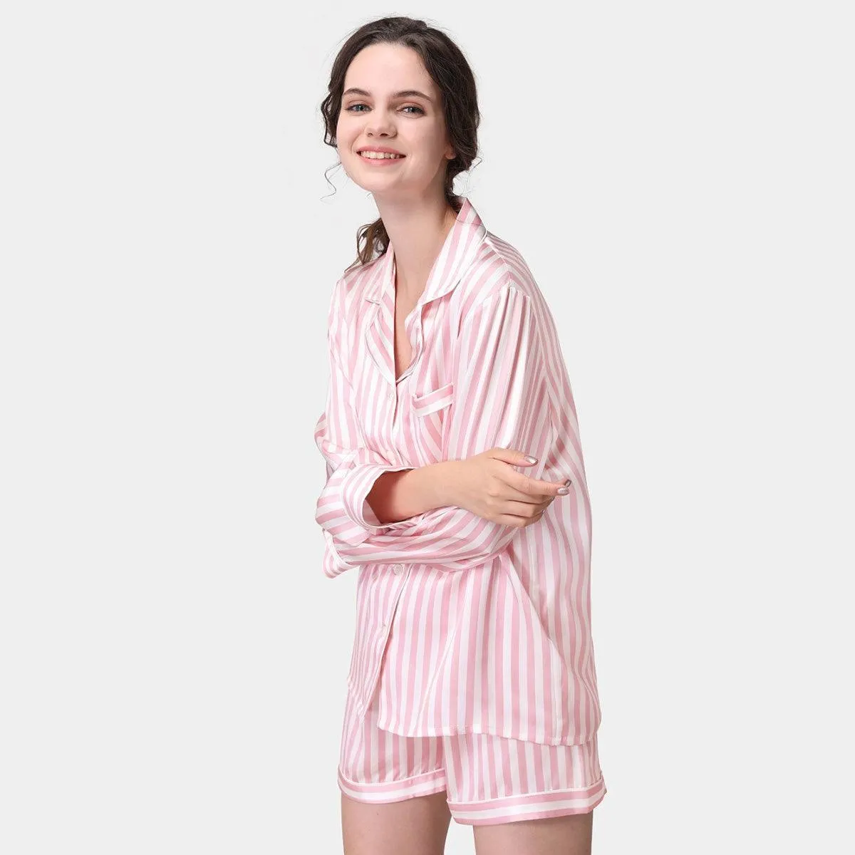 Women's Classic Real Mulberry Silk Sleepwear Ladies Long Sleeve Short Pants Pajama Set