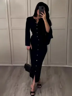 Womens Elegant Black Knitted  Buttoned Top & Skirt Two-Piece Set