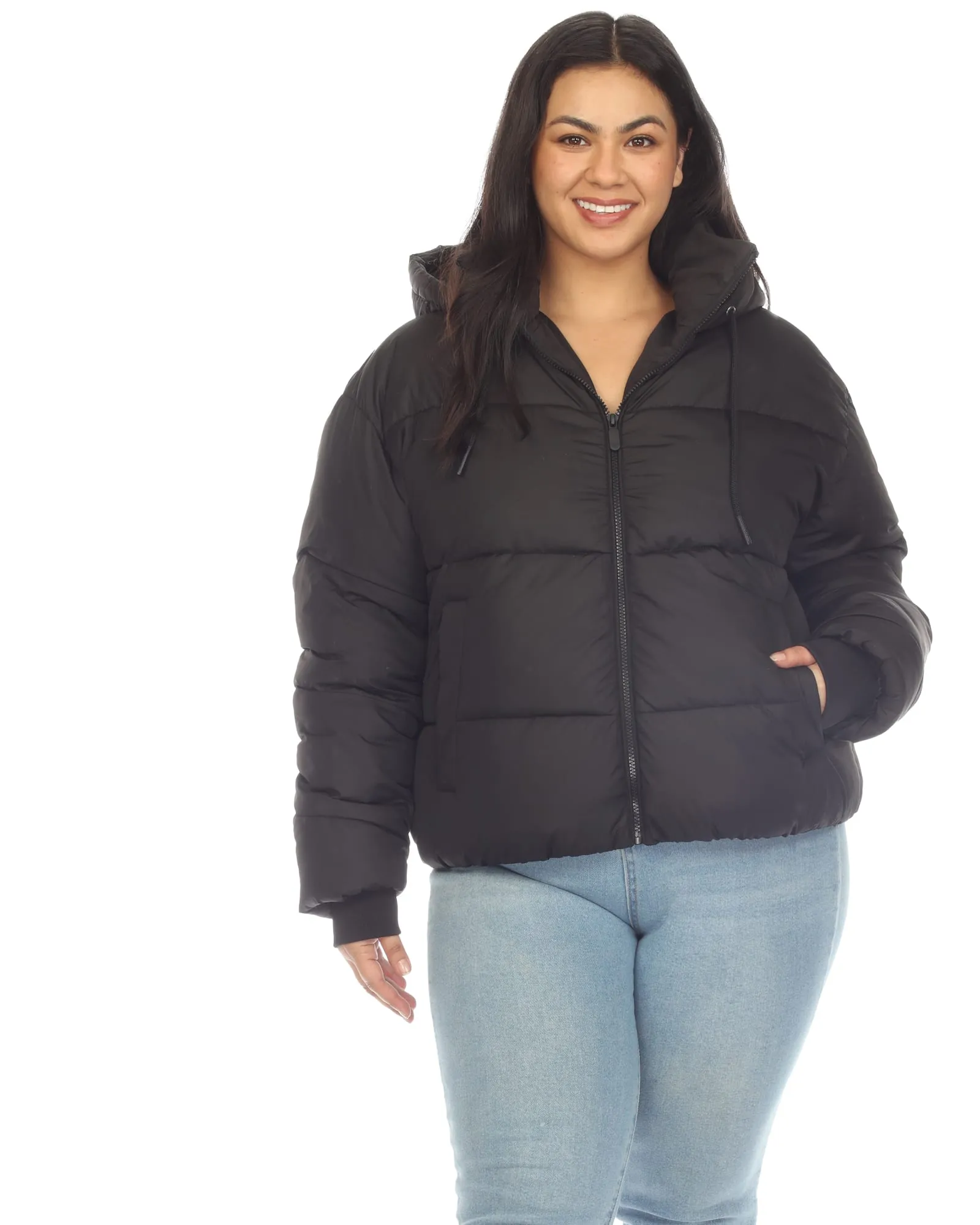 Women's Full Front Zip Hooded Bomber Puffer Coat | Black
