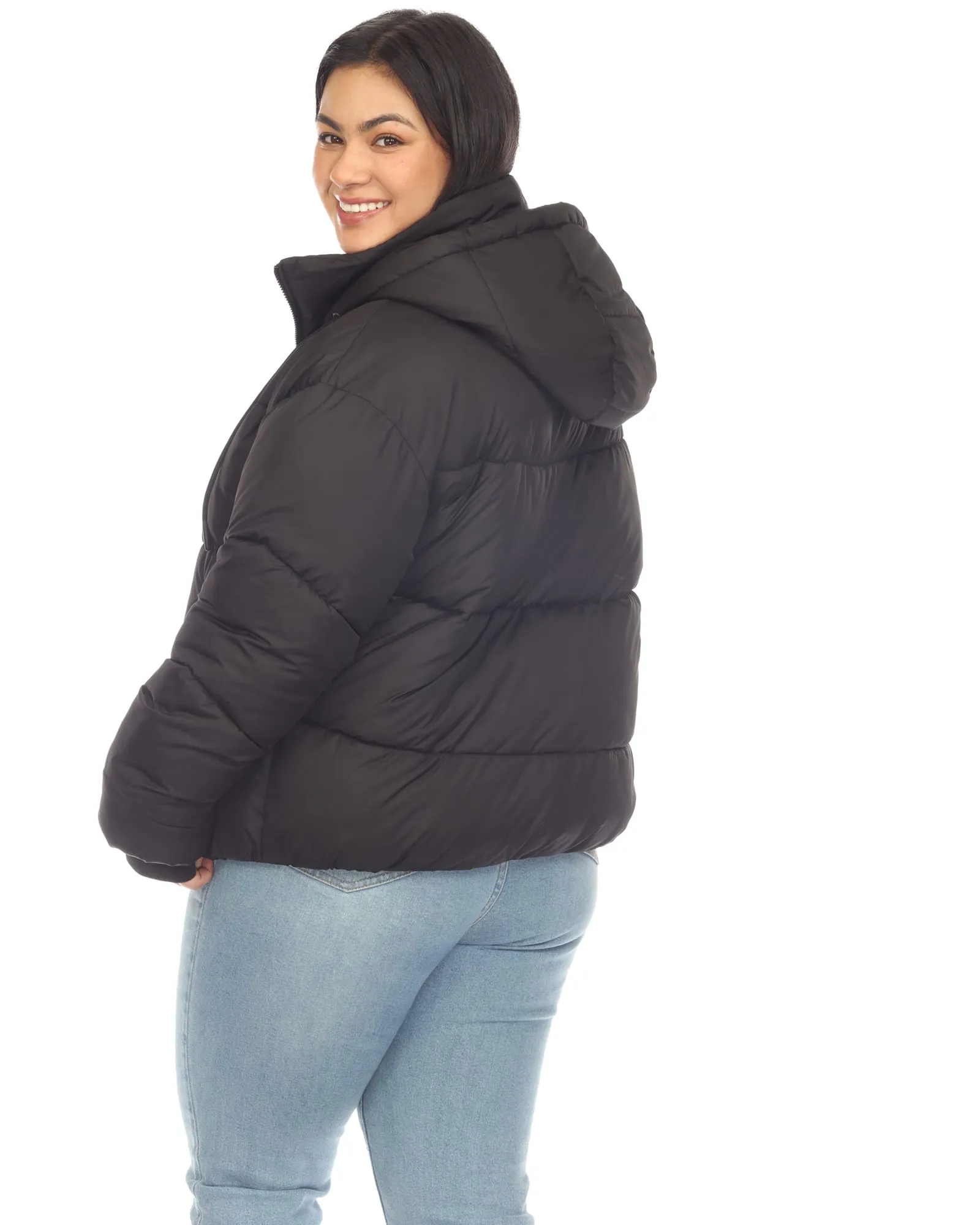 Women's Full Front Zip Hooded Bomber Puffer Coat | Black