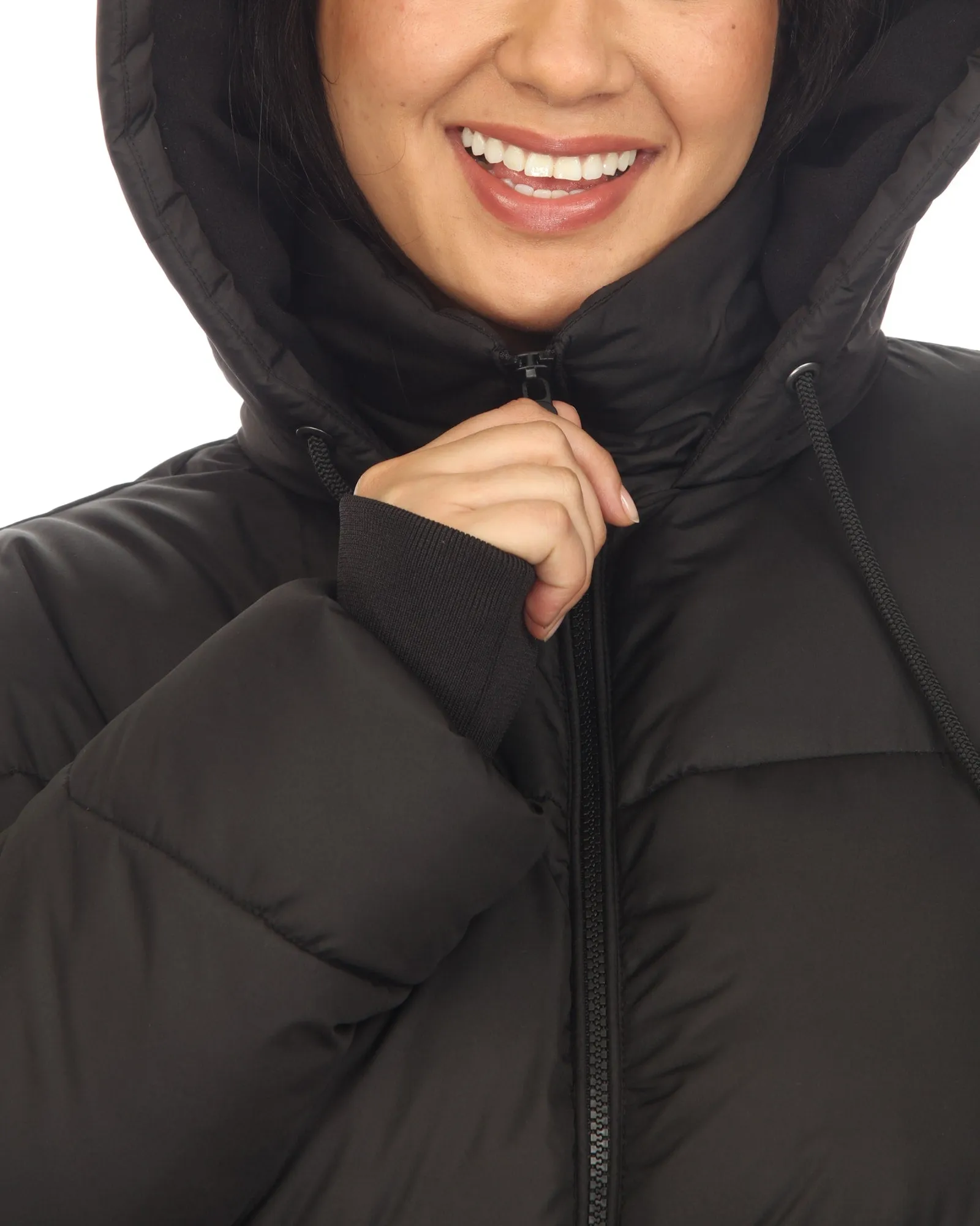 Women's Full Front Zip Hooded Bomber Puffer Coat | Black