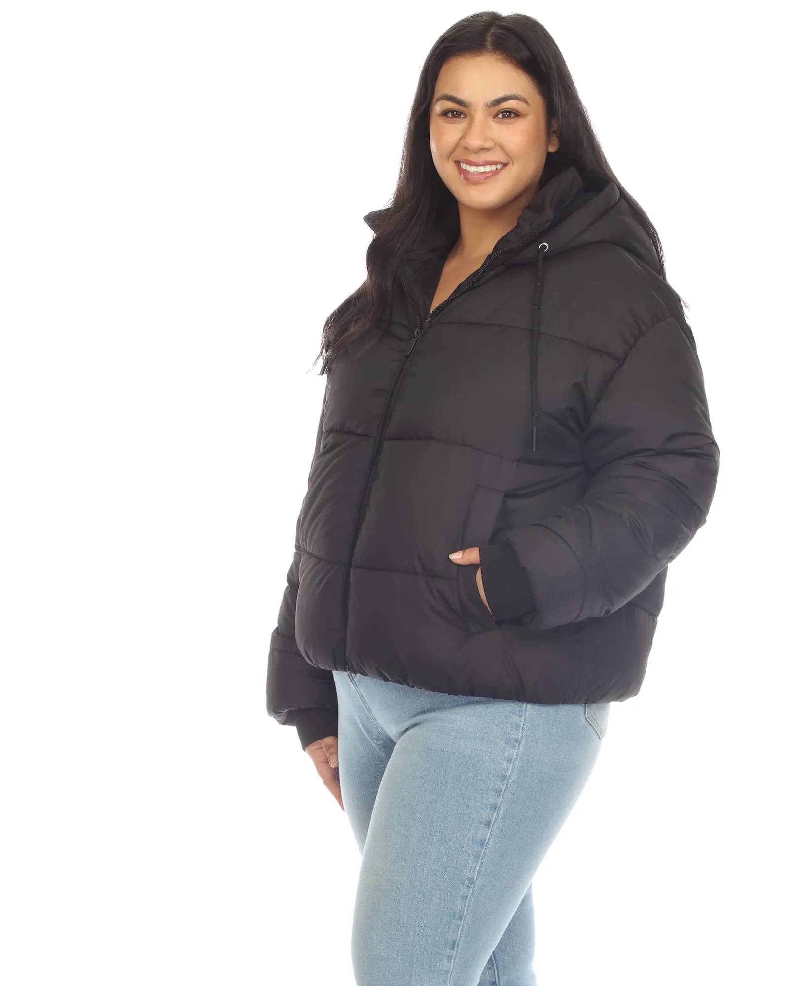 Women's Full Front Zip Hooded Bomber Puffer Coat | Black