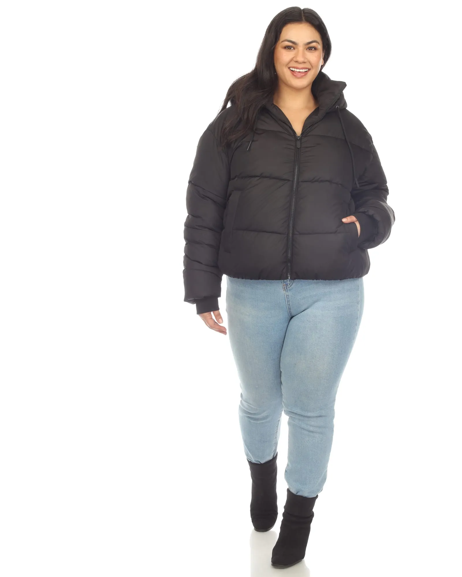 Women's Full Front Zip Hooded Bomber Puffer Coat | Black