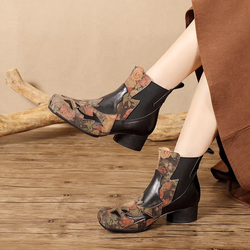 Women's Genuine Leather Short Boots With Embroidery Flowers Low Pumps in Black/Coffee