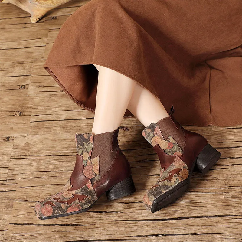 Women's Genuine Leather Short Boots With Embroidery Flowers Low Pumps in Black/Coffee