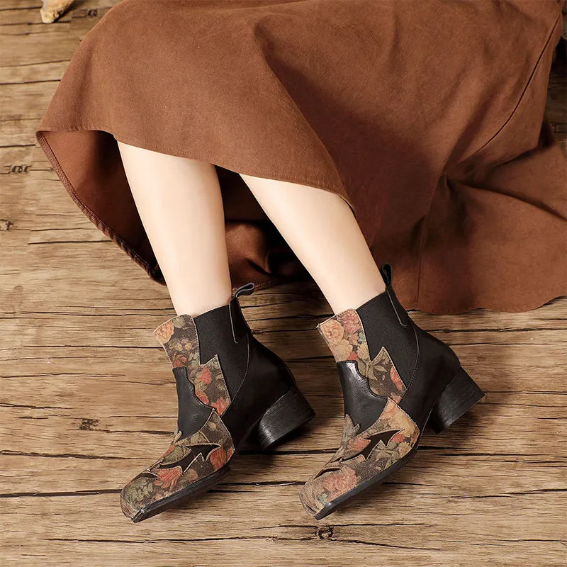 Women's Genuine Leather Short Boots With Embroidery Flowers Low Pumps in Black/Coffee