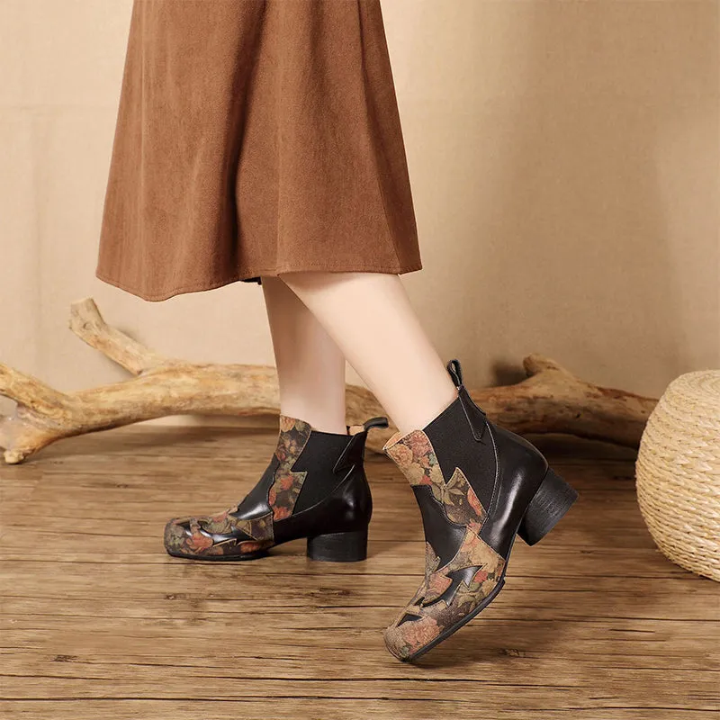 Women's Genuine Leather Short Boots With Embroidery Flowers Low Pumps in Black/Coffee