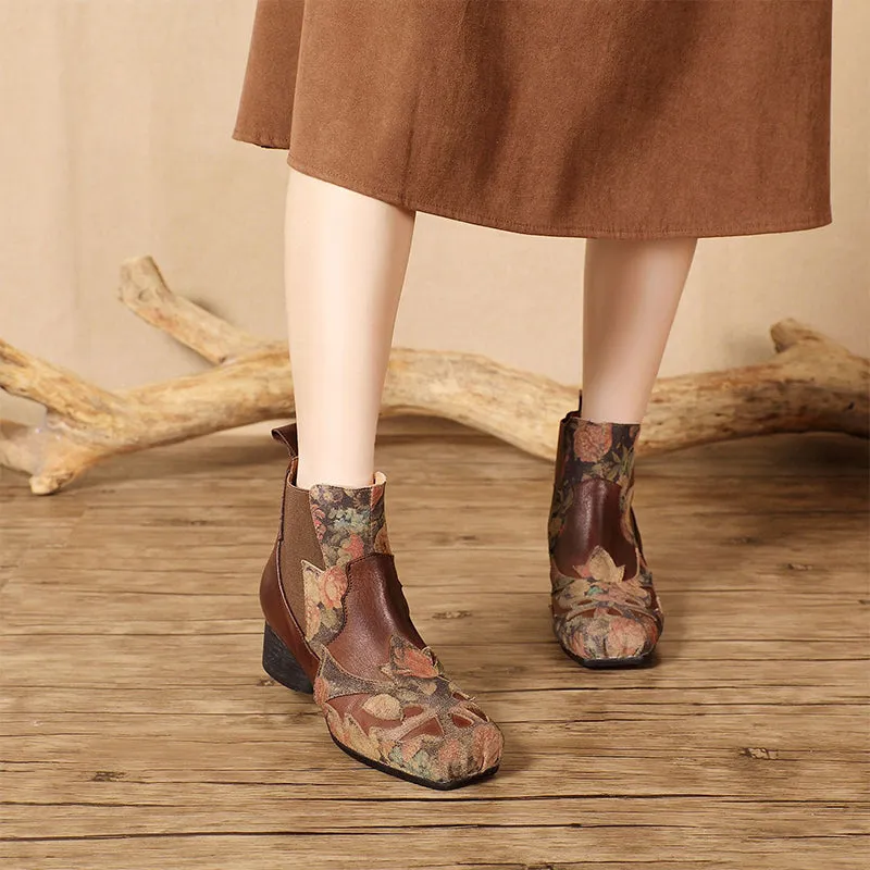 Women's Genuine Leather Short Boots With Embroidery Flowers Low Pumps in Black/Coffee