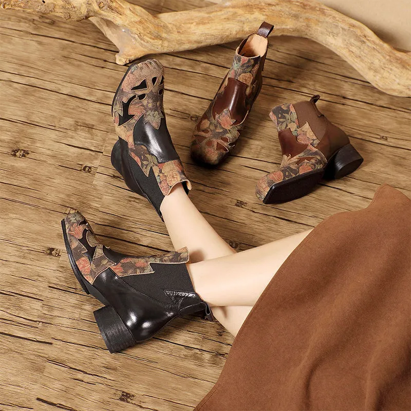 Women's Genuine Leather Short Boots With Embroidery Flowers Low Pumps in Black/Coffee