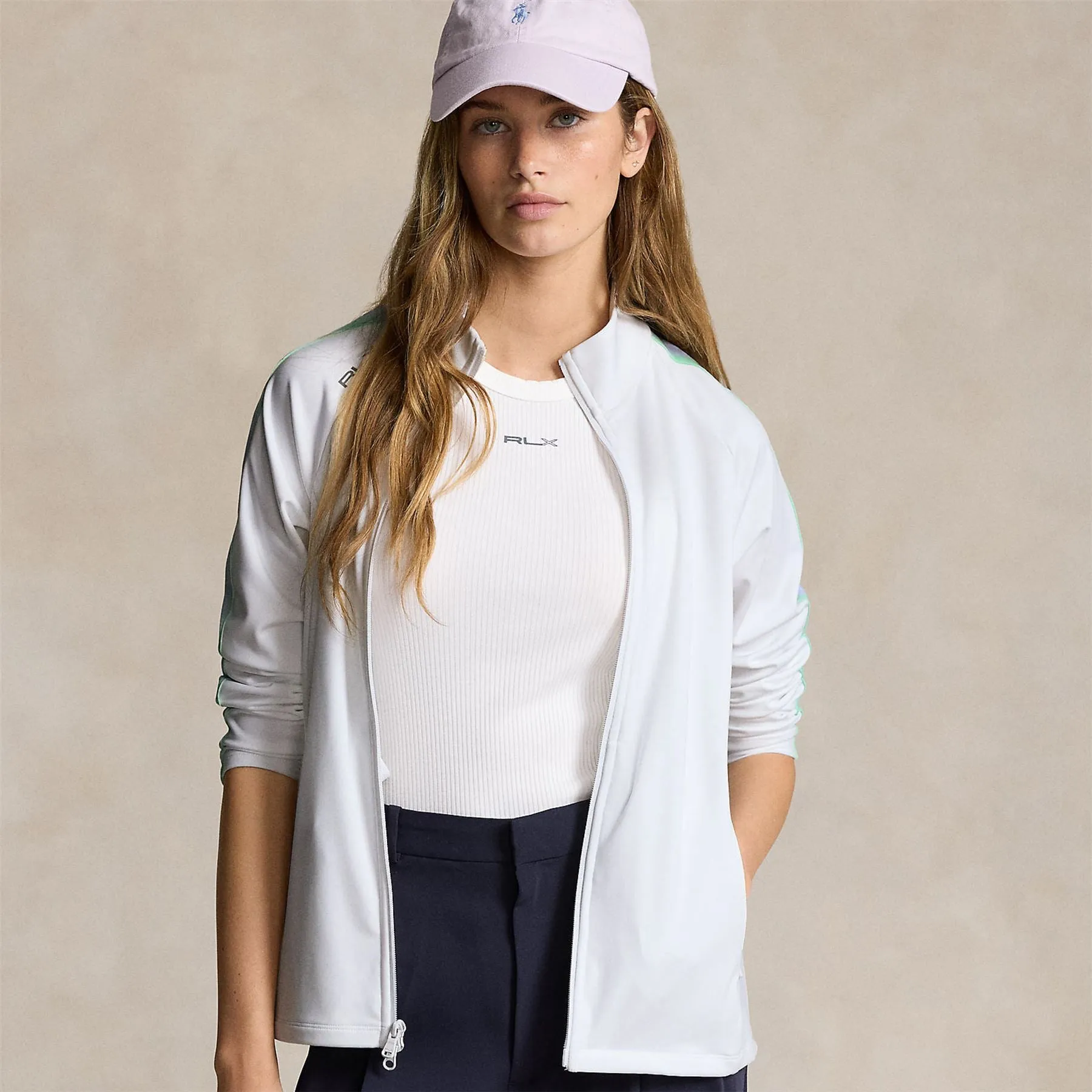 Womens Interlock Mockneck Zip Mid Ceramic White/Oxford Blue/Athens Green - SS24
