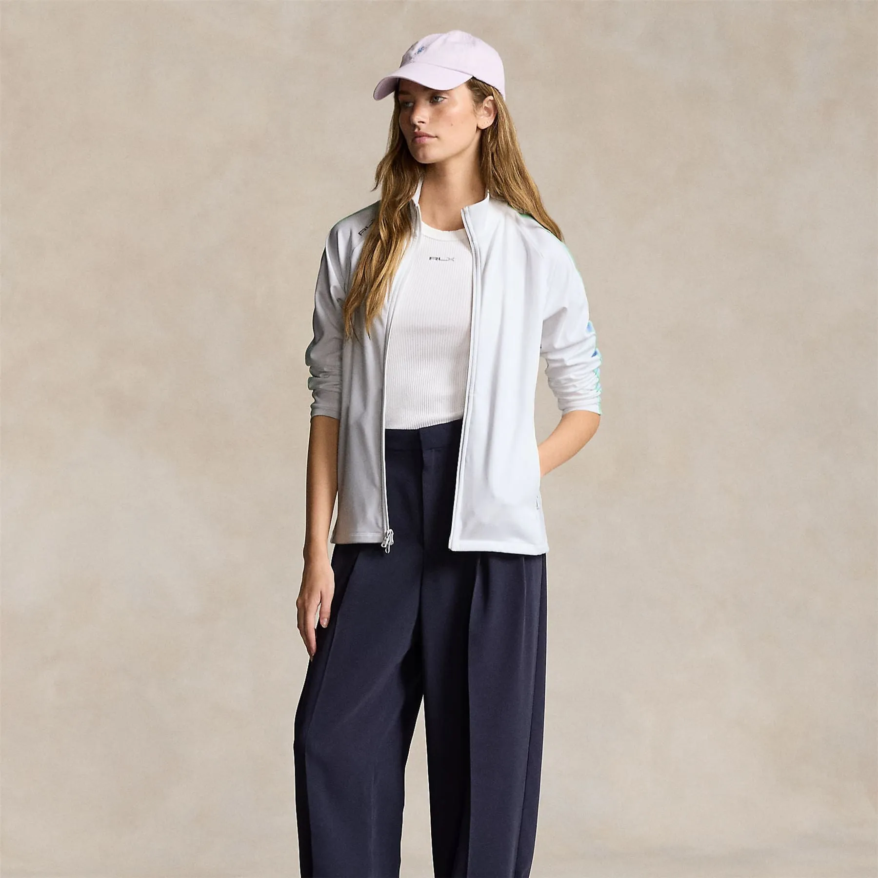Womens Interlock Mockneck Zip Mid Ceramic White/Oxford Blue/Athens Green - SS24