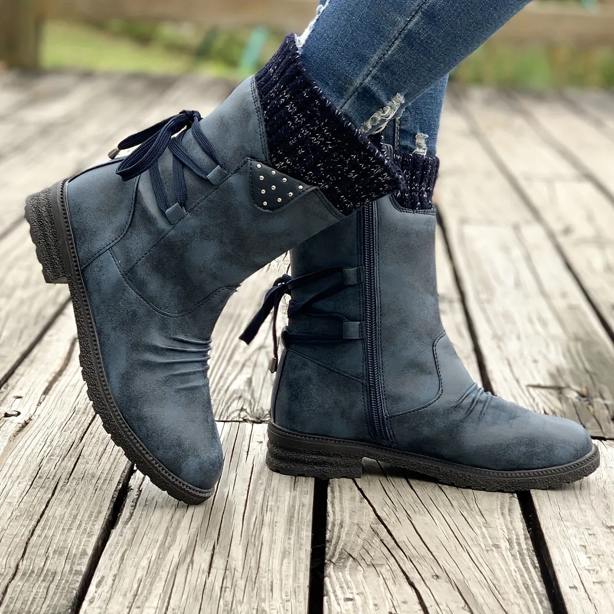 Women's Knitted & Faux Leather Panel Design Boots, Tie Back Side Zip Boots, Women's Footwear