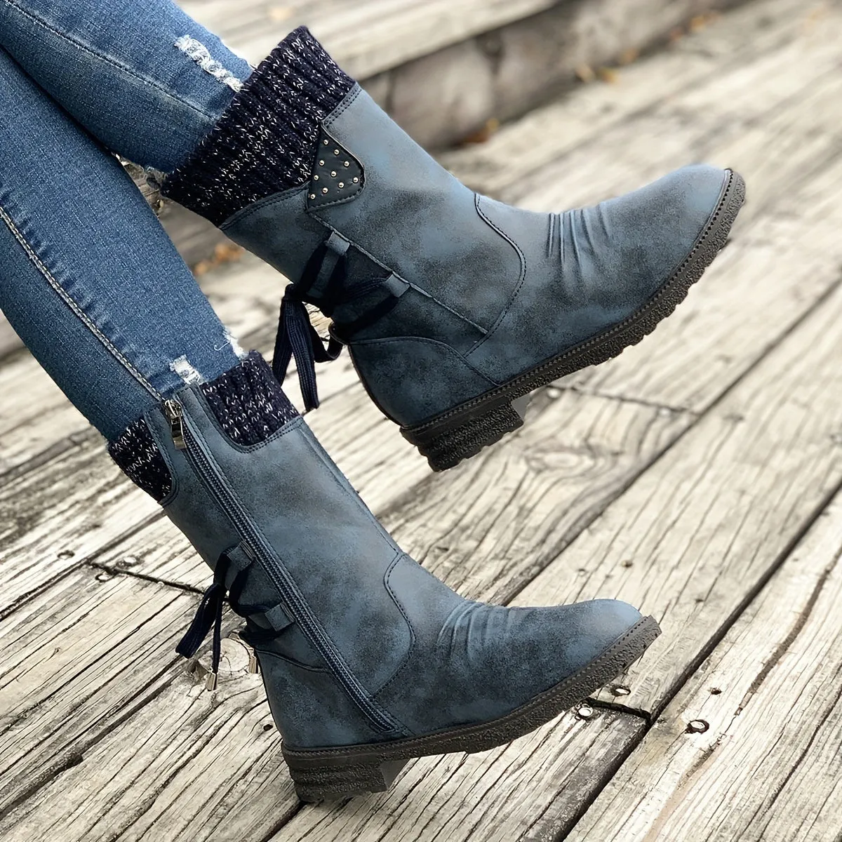 Women's Knitted & Faux Leather Panel Design Boots, Tie Back Side Zip Boots, Women's Footwear