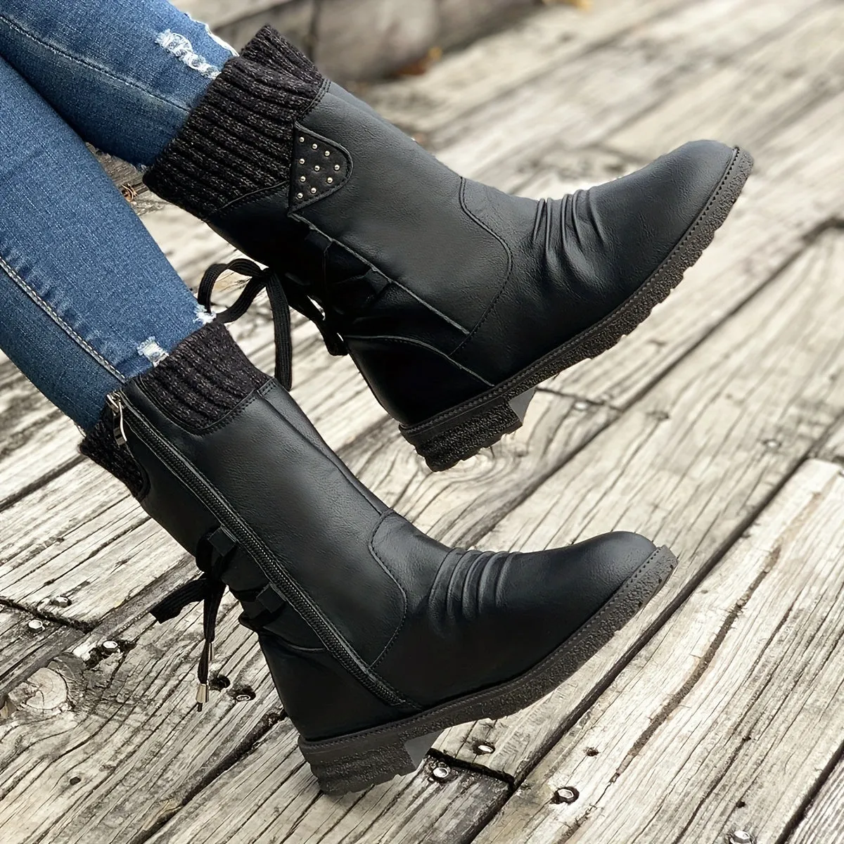Women's Knitted & Faux Leather Panel Design Boots, Tie Back Side Zip Boots, Women's Footwear