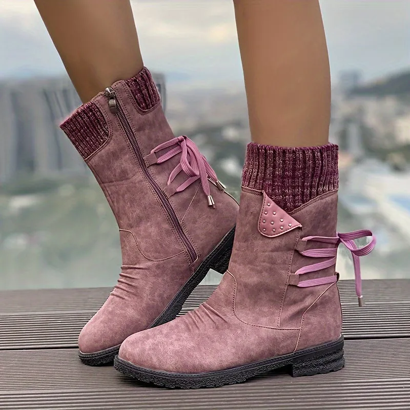 Women's Knitted & Faux Leather Panel Design Boots, Tie Back Side Zip Boots, Women's Footwear