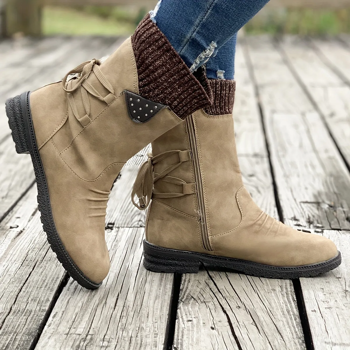 Women's Knitted & Faux Leather Panel Design Boots, Tie Back Side Zip Boots, Women's Footwear
